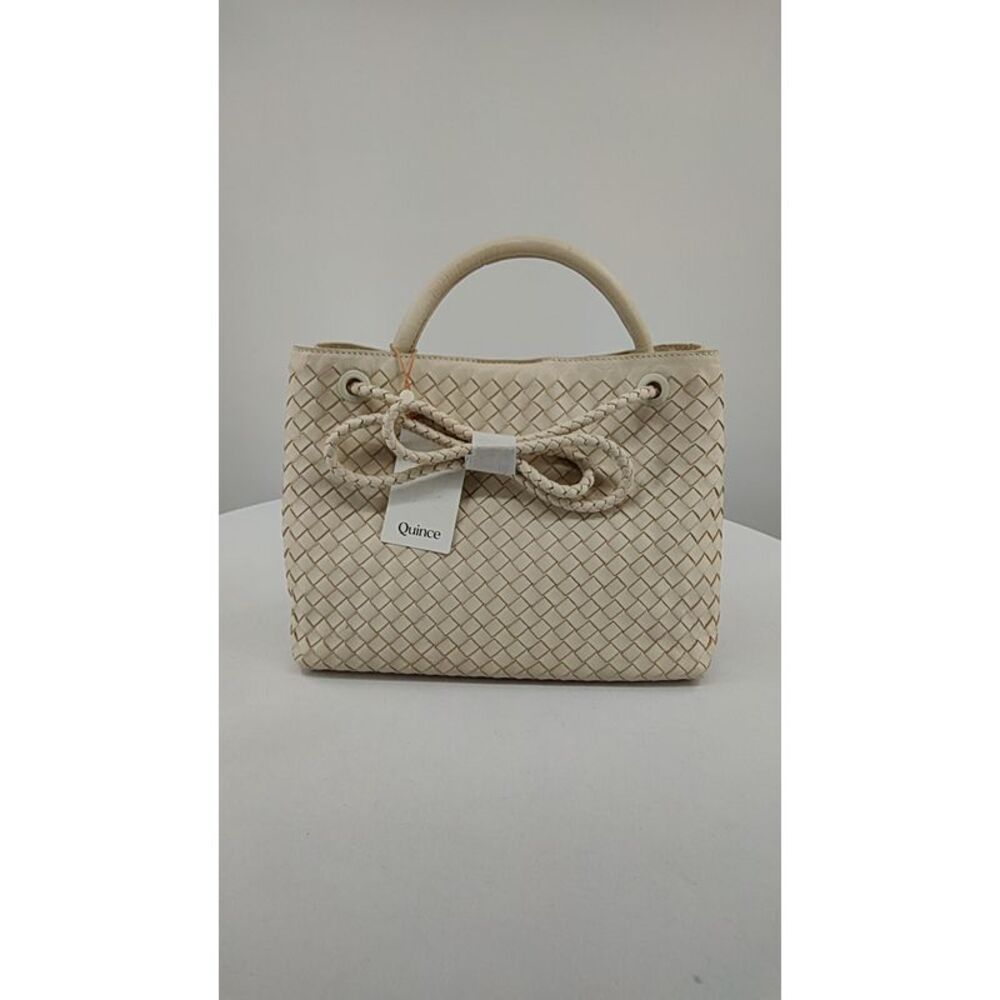Quince Cream Woven Leather Satchel with Bow Detail